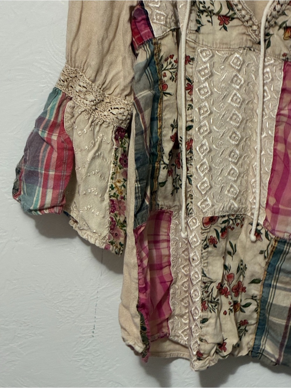 Young Threads Patchwork Bohemian Blouse Floral Plaid Crotchet Detail Small - Picture 4 of 10